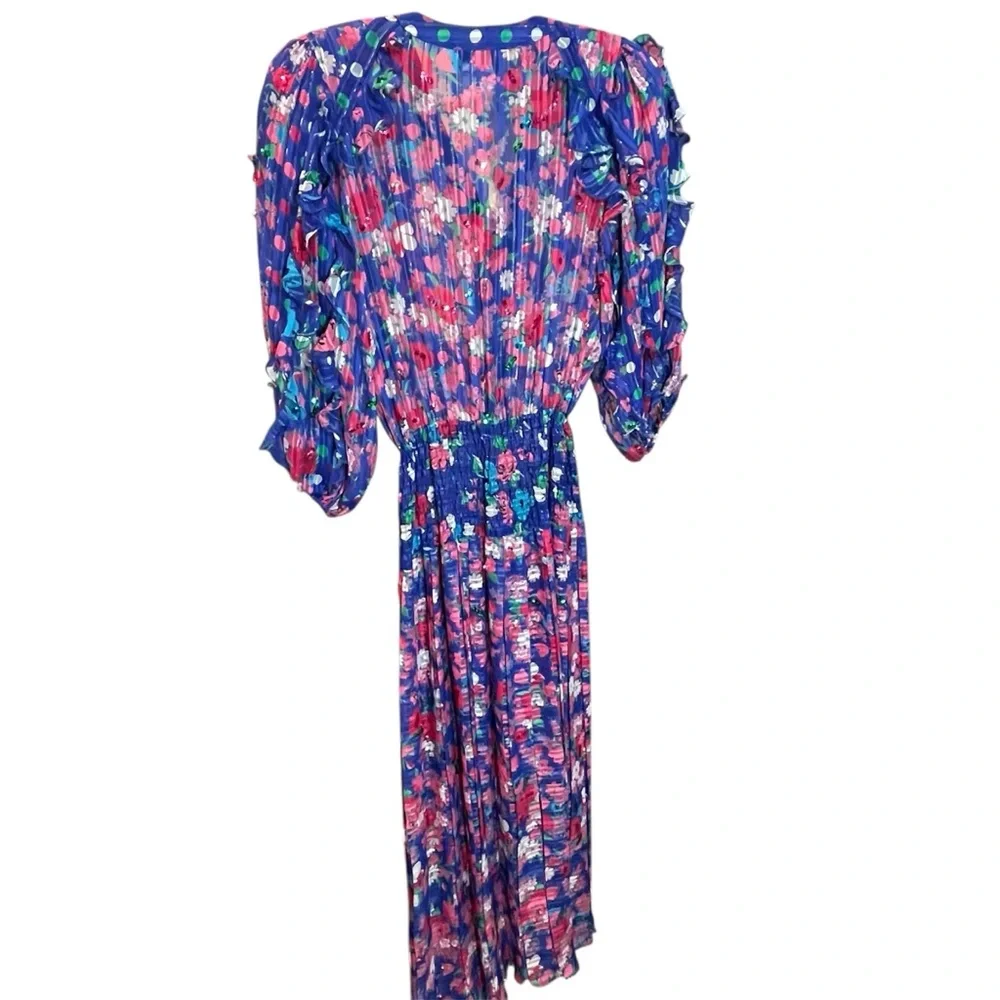 Diane Freis Original Vintage Midi Dress Blue Floral Sequin Boho 80s - Picture 4 of 12